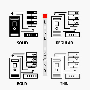 组合数据数据库电子信息图标在薄的规则粗体线和字形风格。 矢量插图