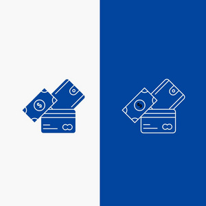 信用卡货币美元钱包线和字形网页按钮蓝色垂直横幅UI和UX网站或移动应用程序