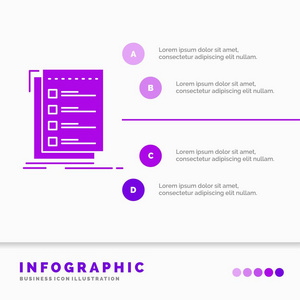检查清单任务，为网站和演示做信息图表模板。 字形紫色图标信息样式矢量插图。