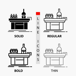 生物化学实验室生产图标在薄的规则粗体线和字形风格。 矢量插图