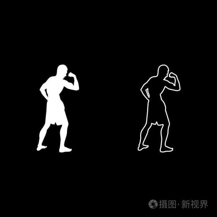 健美运动员展示二头肌健美运动概念剪影侧视图标设置白色矢量插图平面