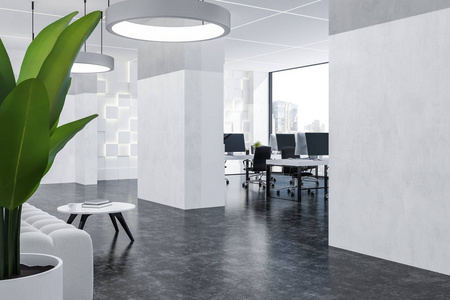 大厅的现代办公室白色墙壁，混凝土地板，白色电脑桌与黑色椅子在背景和白色沙发。3D渲染