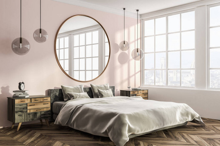 时尚卧室的角落，有粉红色和白色的墙壁，木制地板，灰色的主床，床头柜和圆镜挂在上面。3D渲染