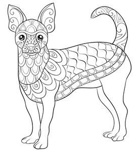 一只可爱的狗，有禅宗装饰的成人形象。禅宗艺术风格的插图，为放松活动。印刷用海报设计。