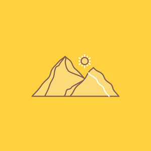 山景自然山景平线填充图标。 在UI和UX网站或移动应用程序的黄色背景上美丽的徽标按钮。