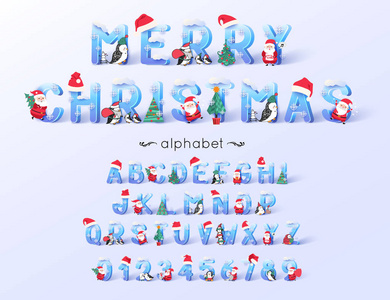 向量圣诞节字体和字母表。3d 冰字母装饰与新年符号圣诞老人, 树, 帽子