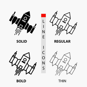 宇宙飞船以薄薄的规则粗体线和字形风格运送太空外星人图标。 矢量插图