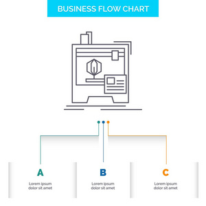 三维机器打印机打印业务流程图设计有3个步骤。 表示背景模板位置的线条图标