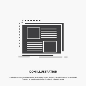 内容设计框架页文本图标。 用户界面和UX网站或移动应用程序的字形矢量灰色符号