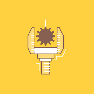 自动化工业机器生产机器人生产线填充图标。 在UI和UX网站或移动应用程序的黄色背景上美丽的徽标按钮。