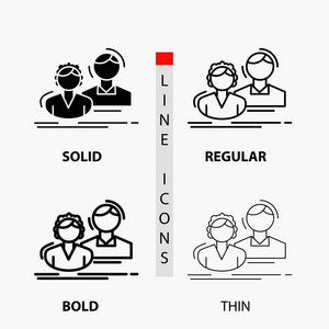 学生员工小组情侣团队图标在薄的规则粗体线和字形风格。 矢量插图