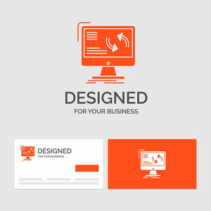 同步同步信息数据计算机的业务标识模板。 带有品牌标志模板的橙色名片。