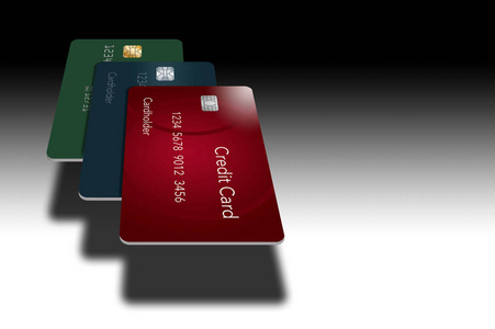三张信用卡投下了他们的阴影，在这个3D插图的卡片盘旋在一个白色的表面，使一个戏剧性的看法普通卡。