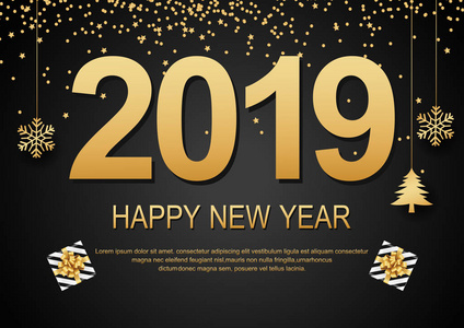 新年快乐2019黑色背景与黄金纸屑。矢量插图。