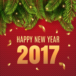 圣诞快乐和2017年新年快乐贺卡与圣诞节装饰杉树枝和纸屑和数字2017年。矢量图。EPS10