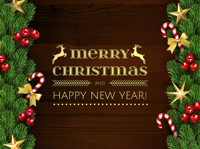 圣诞快乐新年快乐年印卡与圣诞木元素边框框架与季节逼真的圣诞冷杉树树枝装饰红莓, 明星, 糖果