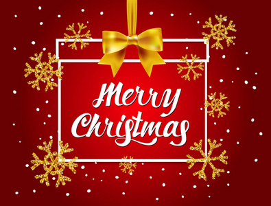 圣诞快乐字母卡在红色背景与圣诞礼物和金色闪光纹理与雪花。矢量设计模板背景为金色闪光圣诞卡。矢量图解