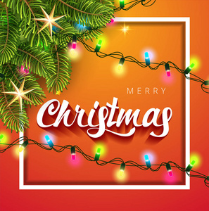 圣诞快乐插图与圣诞树分支和彩色灯光加兰和排版元素在橙色背景。传单贺卡横幅庆典的矢量假日设计