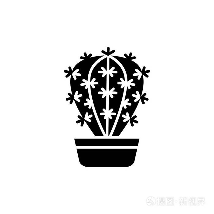 插画 盆栽仙人掌黑白矢量插图.集装箱内装饰家庭工厂.