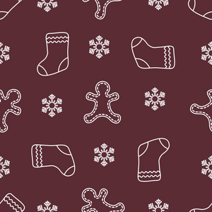 无缝图案与姜饼人圣诞袜子雪花。 圣诞节和2019年的背景。 包装纸织物和其他印刷品的设计。