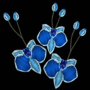 刺绣蓝色兰花花带芽。 矢量兰花绣针模仿。 花卉装饰元素。 热带兰花。