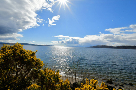苏格兰高地风景中的湖泊，有云和蓝天绿草太阳