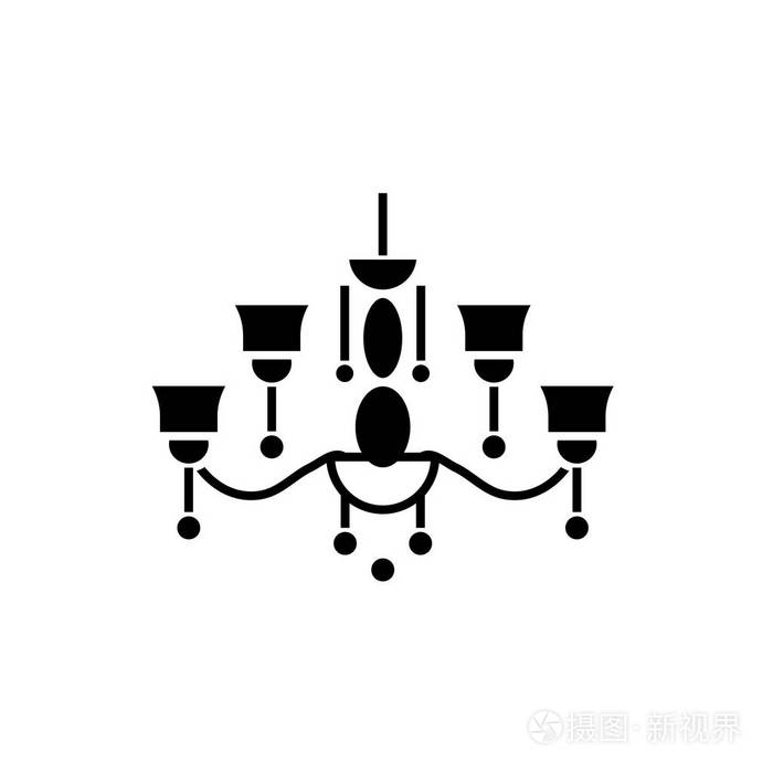 吊灯黑色图标, 矢量标志上的隔离背景.吊灯概念标志, 例证