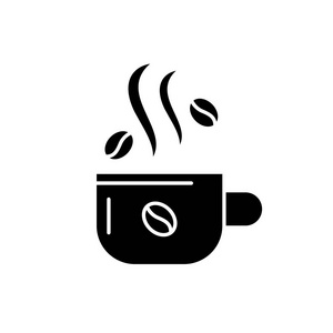 杯咖啡黑色图标, 矢量标志上孤立的背景。杯子咖啡概念标志, 例证