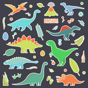 恐龙准备贴纸。 恐龙的种类。