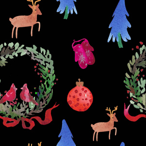 圣诞节水彩美丽的无缝图案与花环，鹿，丝带，手套和树。新年快乐装饰。假日纺织品纸张卡片等装饰印刷品