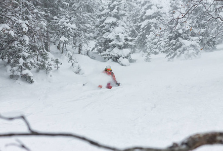 女子滑雪者自由车手在降雪中在山上的粉雪下了下来