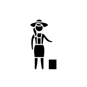 女农夫黑图标, 向量标志在被隔绝的背景。农夫概念标志, 例证