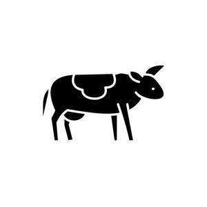 可爱的牛黑色图标, 矢量标志在孤立的背景。可爱的母牛概念标志, 例证