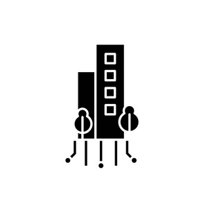 数字城市黑色图标, 在孤立的背景上的矢量符号。数字城市概念标志, 例证