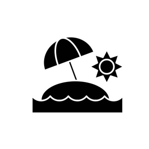 阳光明媚的岛屿黑色图标, 矢量标志在孤立的背景。阳光海岛概念标志, 例证