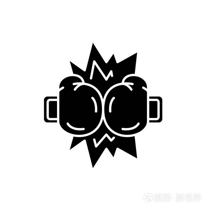 拳击比赛黑色图标, 矢量标志上孤立的背景.拳击比赛概念标志, 例证