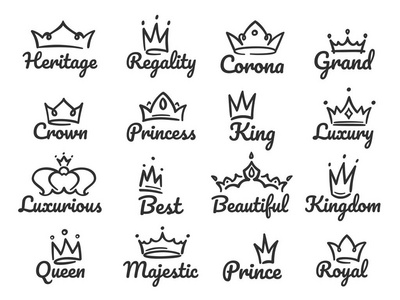 雄伟的皇冠标志。草绘王子和公主, 手绘女王标志或国王冠涂鸦向量例证集合