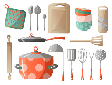 一套厨房用具厨具和厨房用具。菜杯茶壶磨床刀勺子锅平底锅等