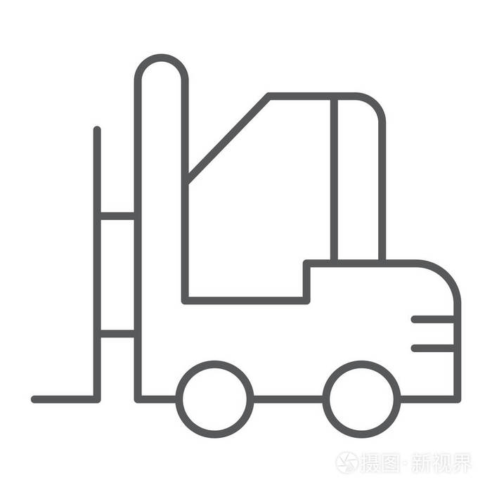 叉车细线图标, 仓库和航运, 车辆标志, 矢量图形, 白色背景上的线性