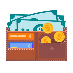 带信用卡的皮夹，美元，硬币。 安全保存和积累金钱的概念。 用于社交媒体网页设计和预置的矢量插图。