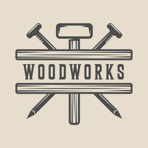 老式木工木工和机械标签徽章标志和标志。 矢量图。 单色图形艺术。
