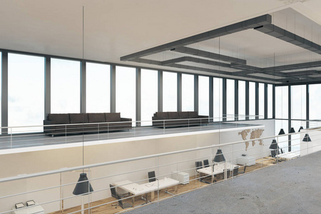 两层办公室内部，全景窗口，家具和日光。 3D渲染
