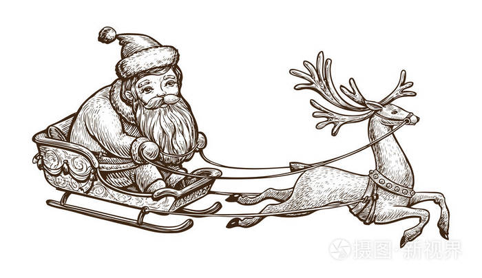 插画 圣诞老人坐着雪橇. 圣诞概念. 老式素描矢量插图孤立的白色背景.