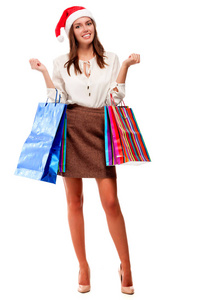 s hat holding a bunch of shopping paper bags, isolated on white 