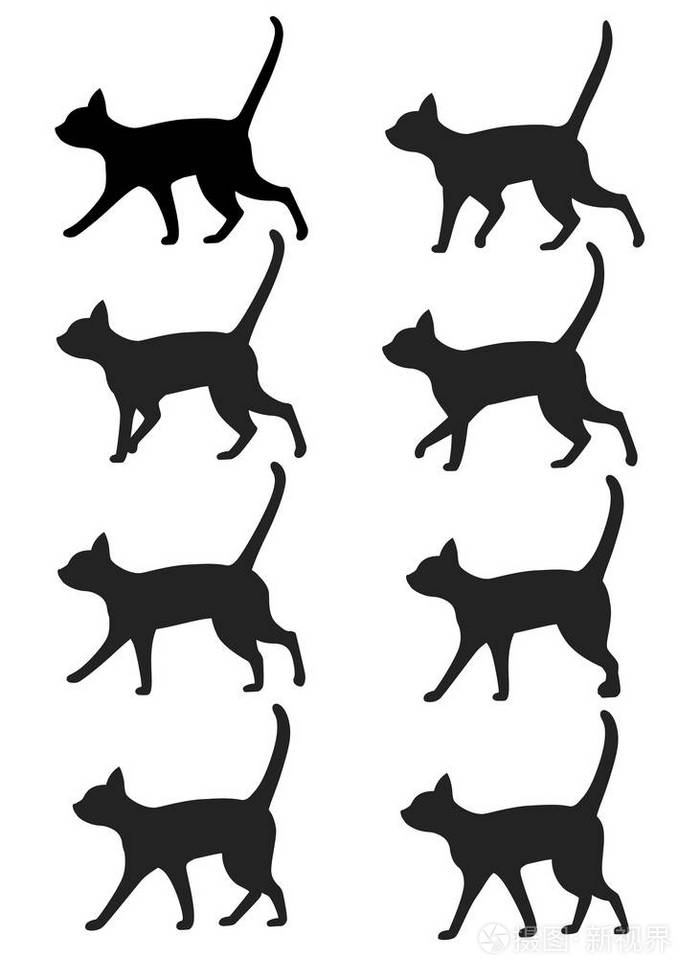 一套黑色猫轮廓图标收集 黑色猫姿势步行动画预置.