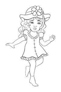 一个小女孩戴着一顶带花的帽子，为孩子们准备一件连衣裙和袜子。线条艺术风格插图，以放松。印刷用海报设计。