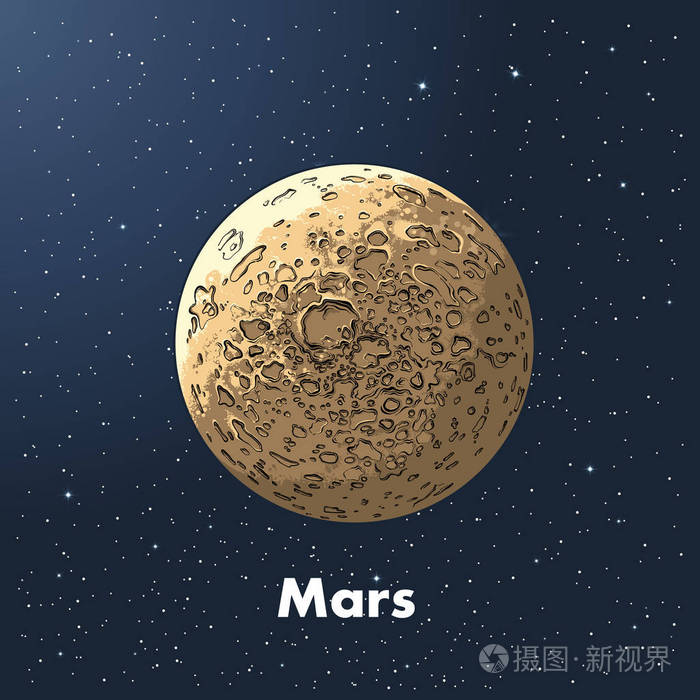 在太空的背景下 手绘的彩色行星火星素描.复古风格的详细图纸.