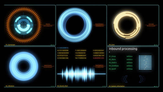 未来技术接口计算机数据屏幕。各种动画信息图表作为 hud 抬头显示技术科学数据分析商业金融或经济说明