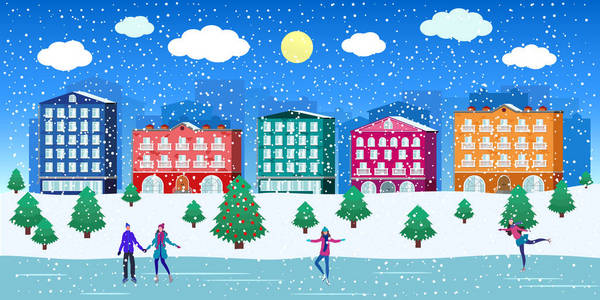冬季街道镇房子和人, 多雪的天气, 圣诞树