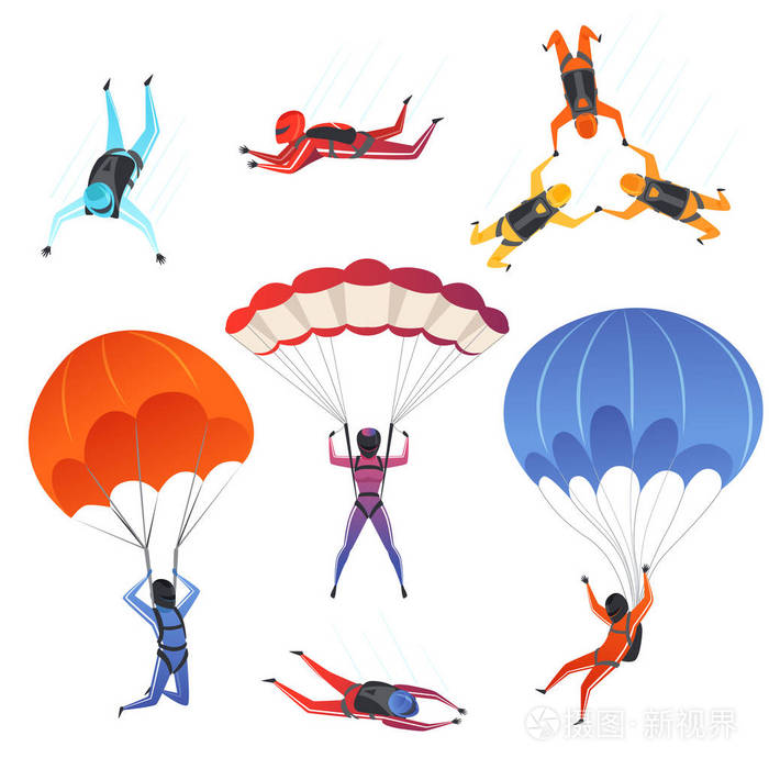 极端运动跳伞滑翔伞男女运动员在天空向量字符